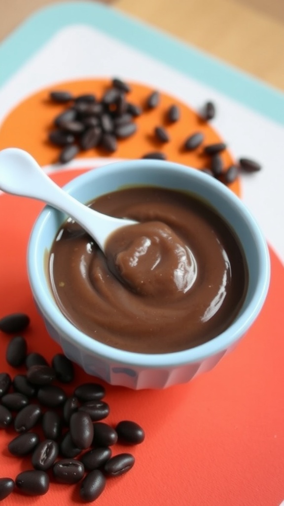 A bowl of black bean puree for babies, with a spoon and black beans in the background.